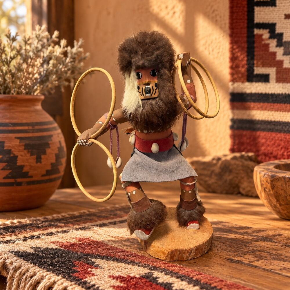 Vintage Hoop Dancer Kachina Doll Signed Long 9.5” Fur Shells Wood Hoops